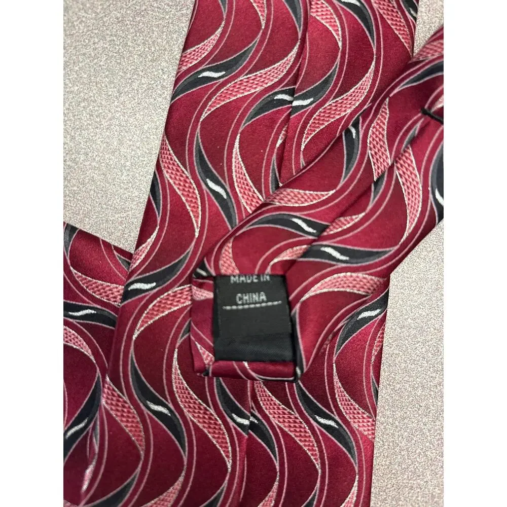 Palatina Red Black Silver 100% Silk Tie Abstract Pattern